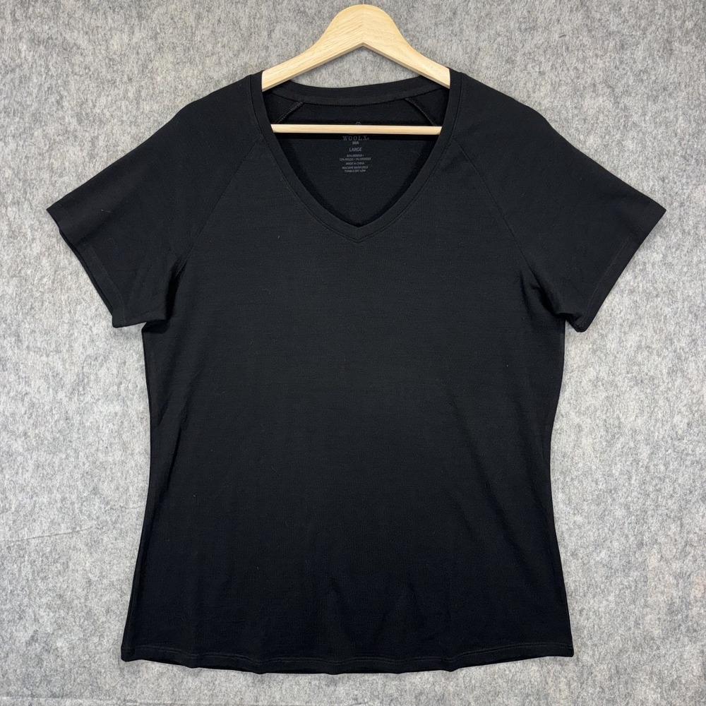 Woolx Mia V Neck Tee Merino Wool T-Shirt Women's Large Black Short Sleeve